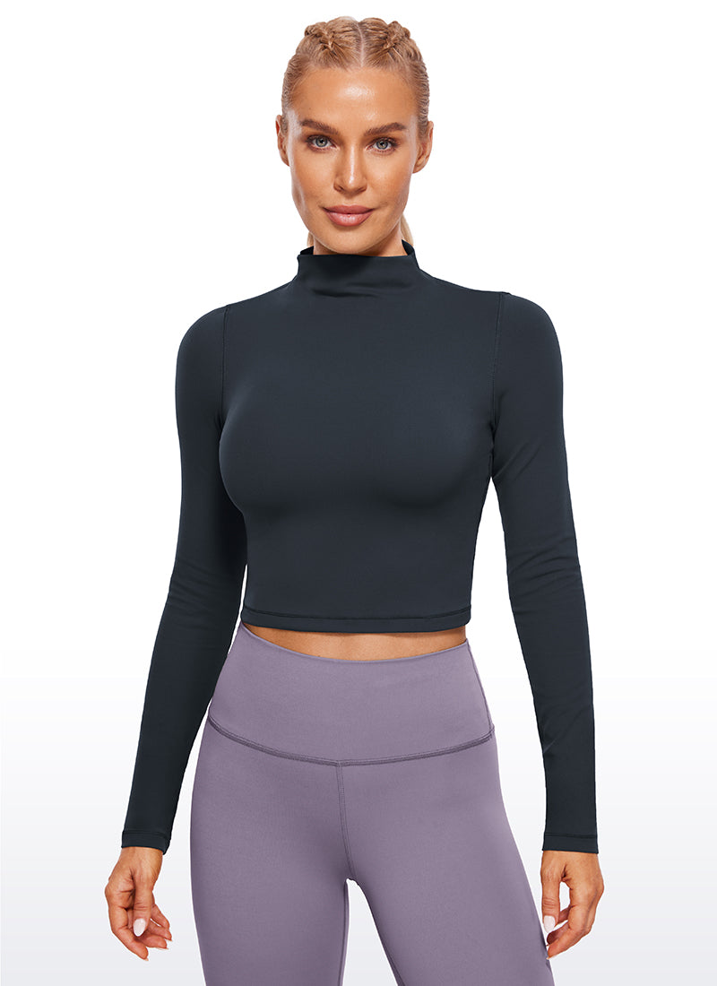 CRZ YOGA Women's Slim Fit Butterluxe Yoga Crop Long Sleeves Mock Turtleneck True Navy
