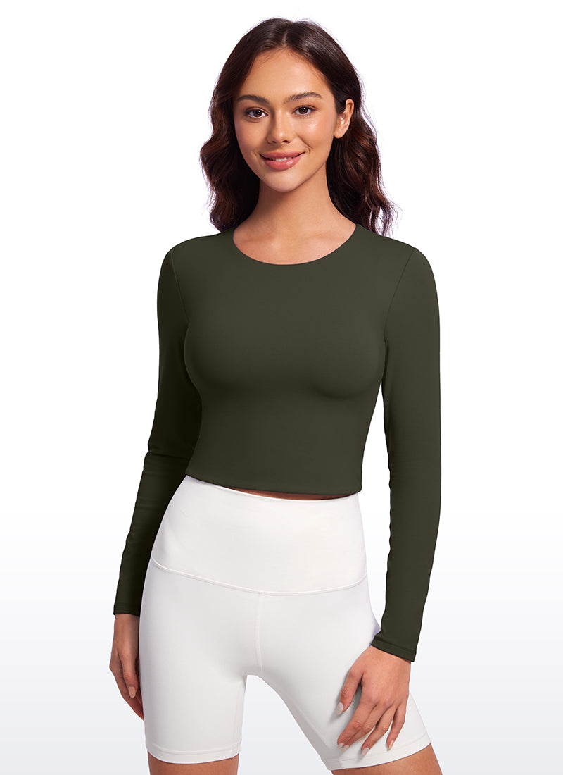 CRZ YOGA Women's Yoga Casual Tight Fit Butterluxe Cropped Long Sleeves Olive Green